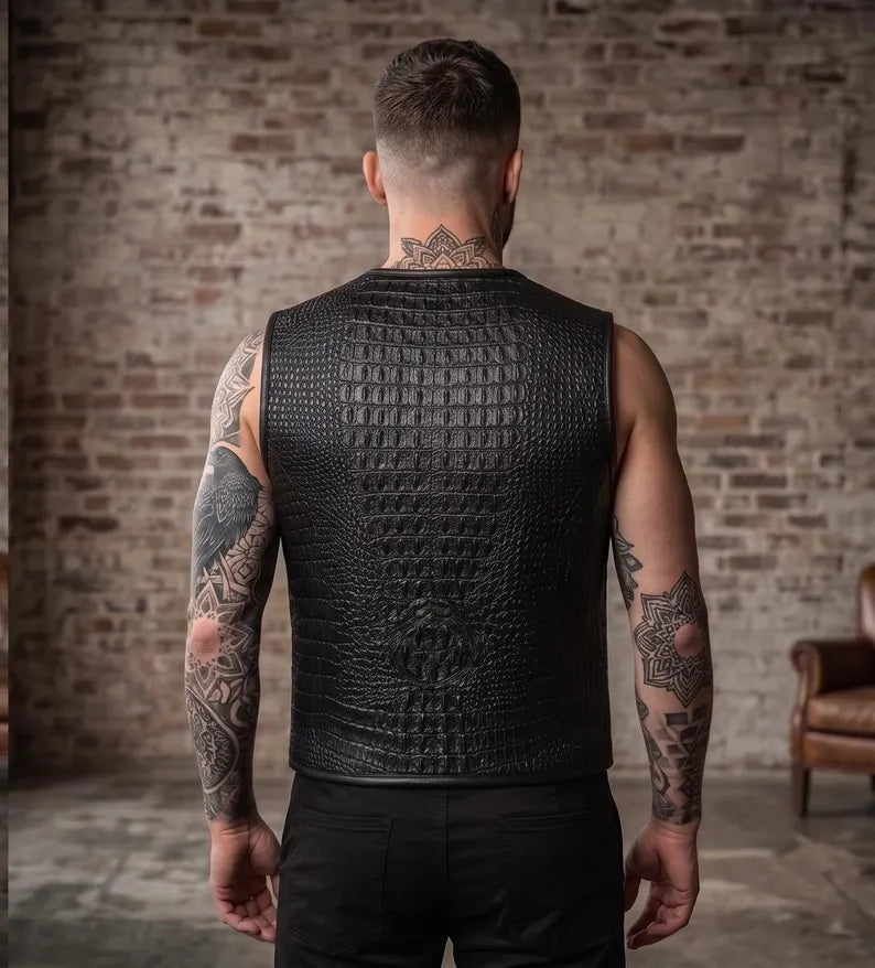 Men's Black Alligator Texture Leather Vest – Full-Zip Biker & Streetwear Waistcoat