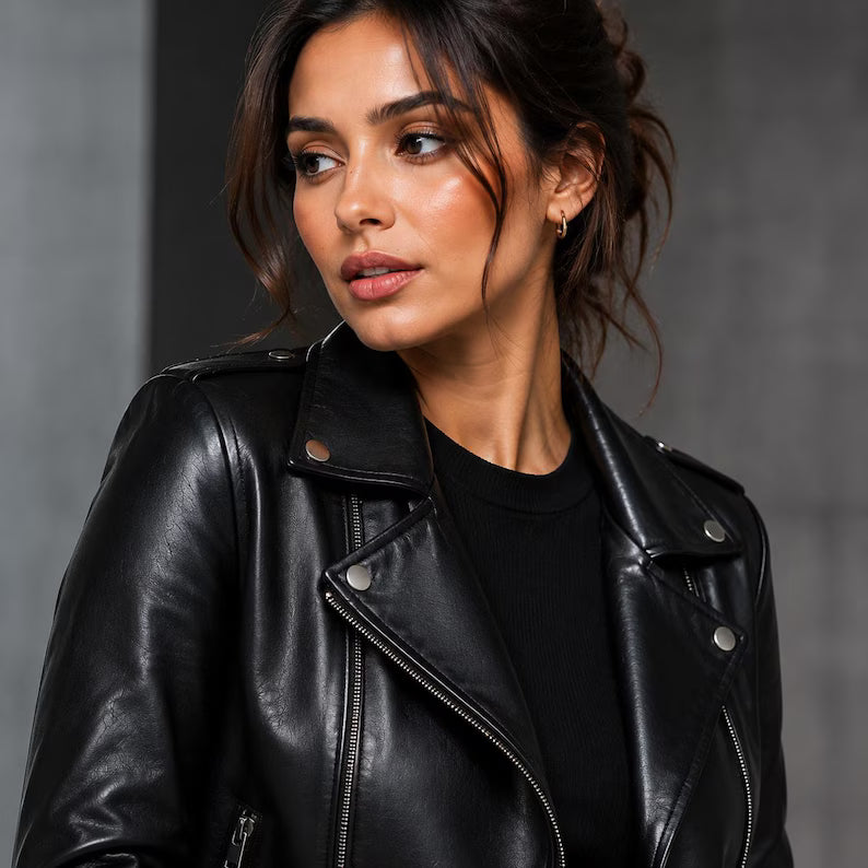 Women's Classic Black Faux Leather Moto Jacket