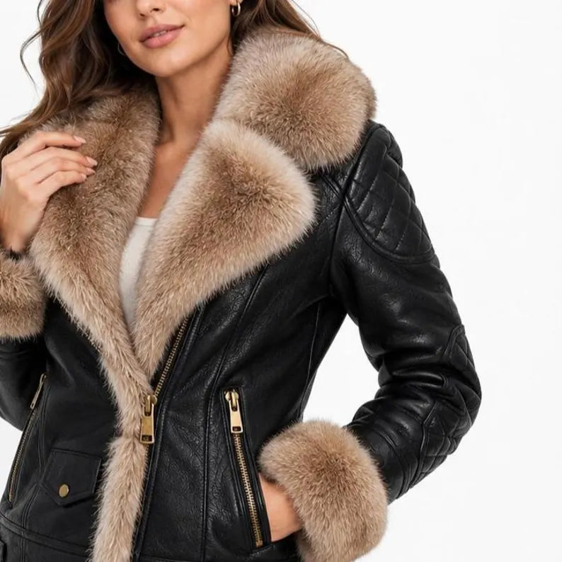 Women's Faux Leather Shearling Jacket with Faux Fur Trim & Quilted Details