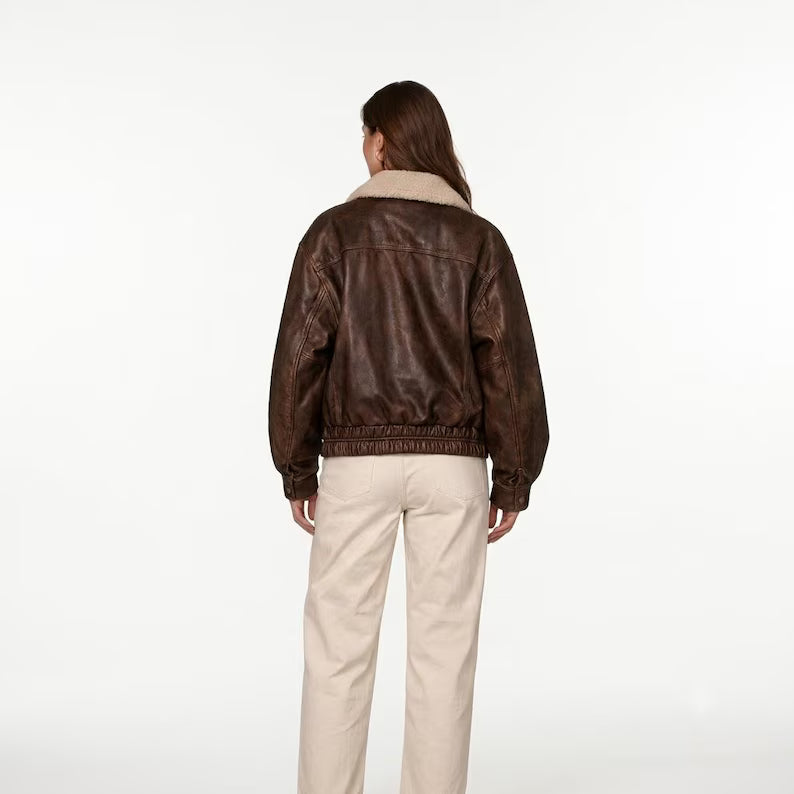 Women's Vintage Distress Faux Leather Bomber Jacket with Sherpa Collar