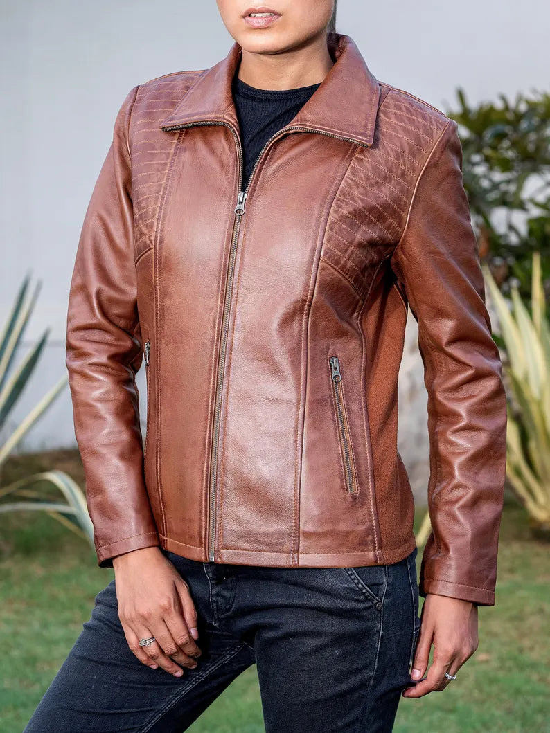 Women's Quilted Accent Genuine Leather Jacket with Side Panels