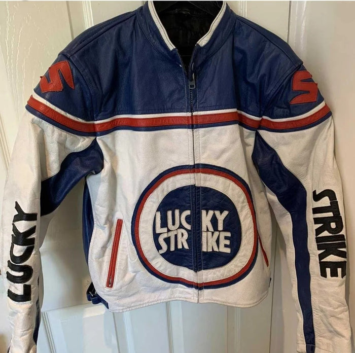 Luckey Stricke White and Blue Leather Jacket for Men
