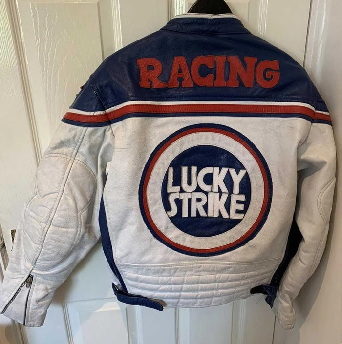Luckey Stricke White and Blue Leather Jacket for Men