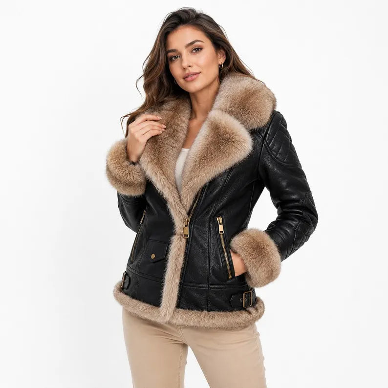 Women's Faux Leather Shearling Jacket with Faux Fur Trim & Quilted Details