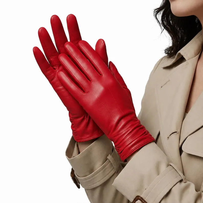Women's Classic Red Leather Dress Gloves with Ruched Wrist Detail