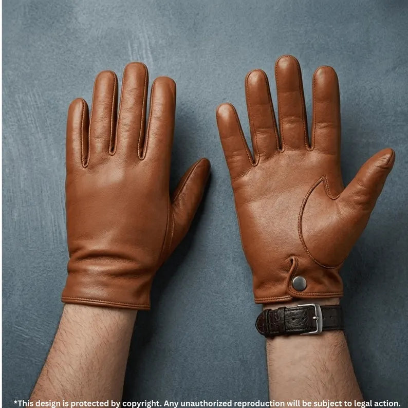 Classic Tan Leather Men's Gloves with Snap Button and Watch Detail