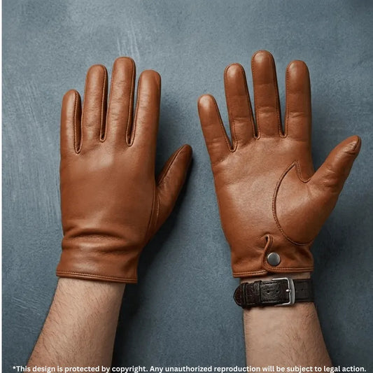 Classic Tan Leather Men's Gloves with Snap Button and Watch Detail
