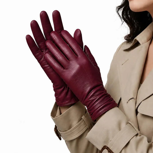 Women's Premium Burgundy Leather Gloves with Ruched Wrist Detail