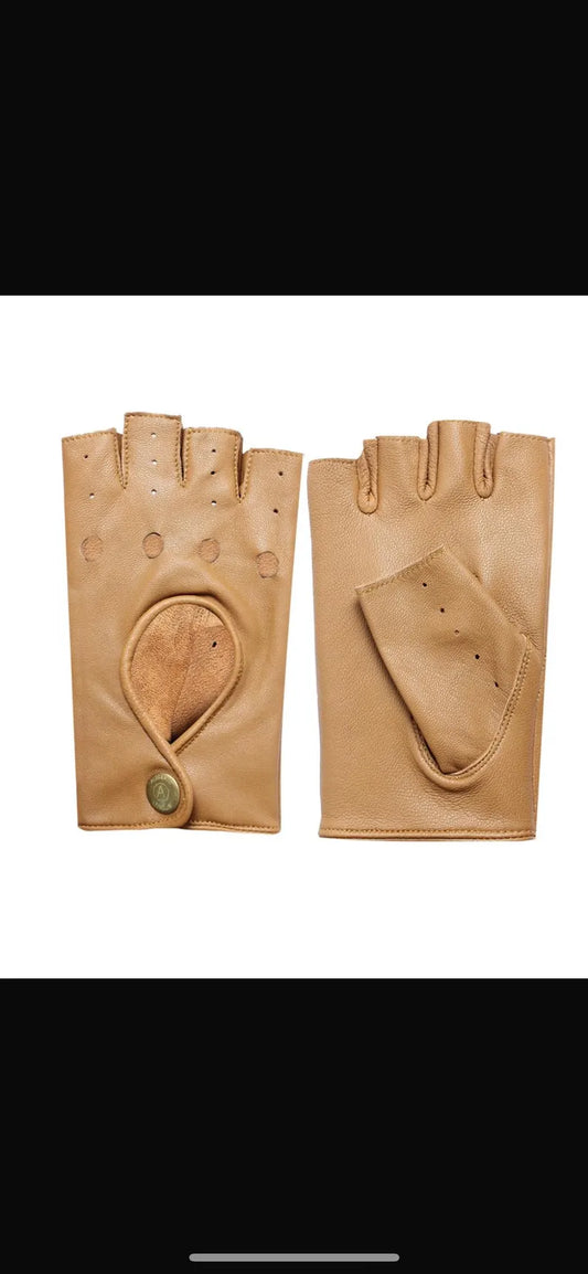 Men's Tan Leather Fingerless Driving Gloves with Perforated Details and Snap Closure