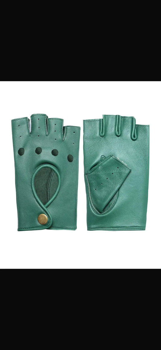 Men's / Women's Green Fingerless Leather Driving Gloves with Snap Closure and Perforated Details