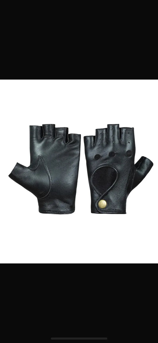 Men’s Classic Black Leather Fingerless Driving & Cycling GlovesPremium Leather Half-Finger Gloves with Snap Button Closure