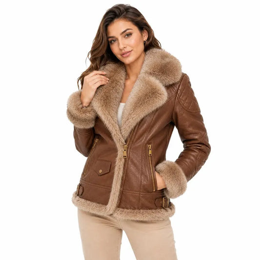 Women's Faux Leather Shearling Jacket with Faux Fur Trim & Quilted Details