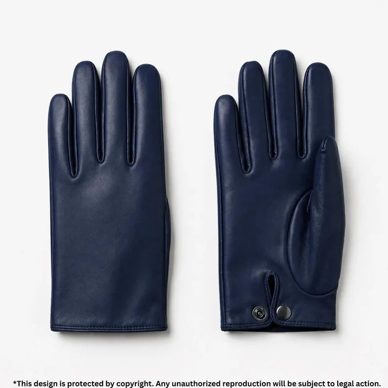 Classic Navy Blue Leather Gloves with Snap Button