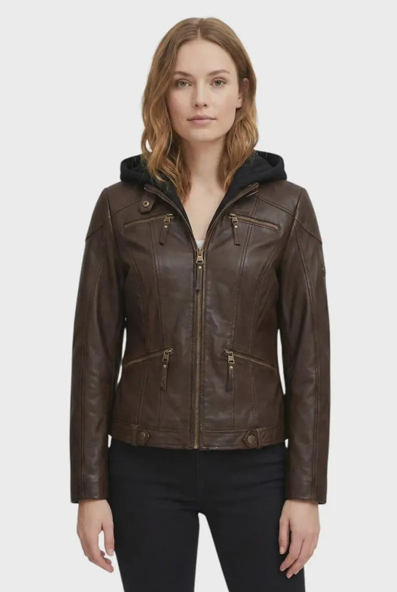 Women's Casual Brown Faux Leather Jacket with Removable Black Hood and Zip Pockets