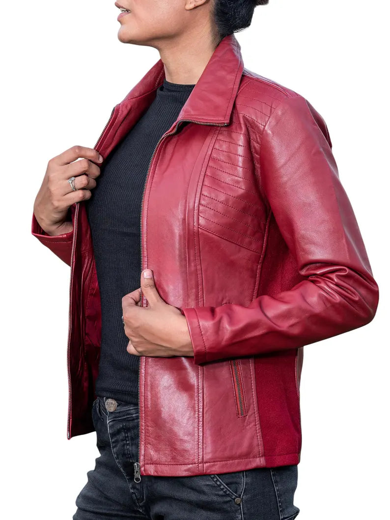 Women's Quilted Accent Genuine Leather Jacket with Side Panels