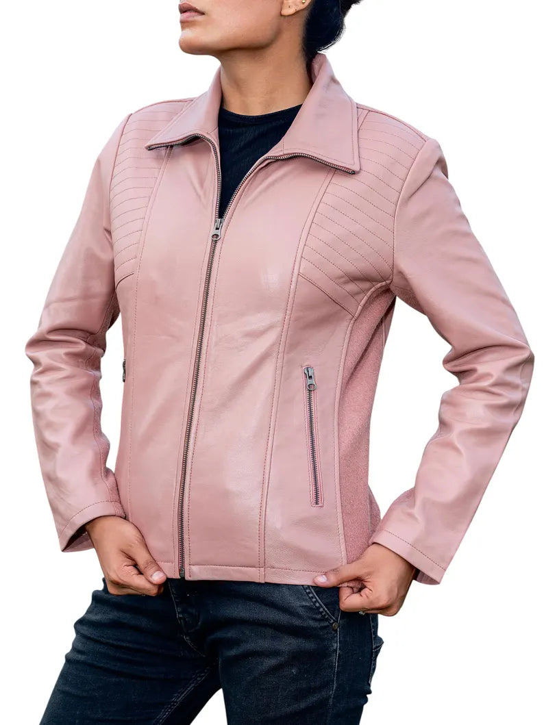 Women's Quilted Accent Genuine Leather Jacket with Side Panels