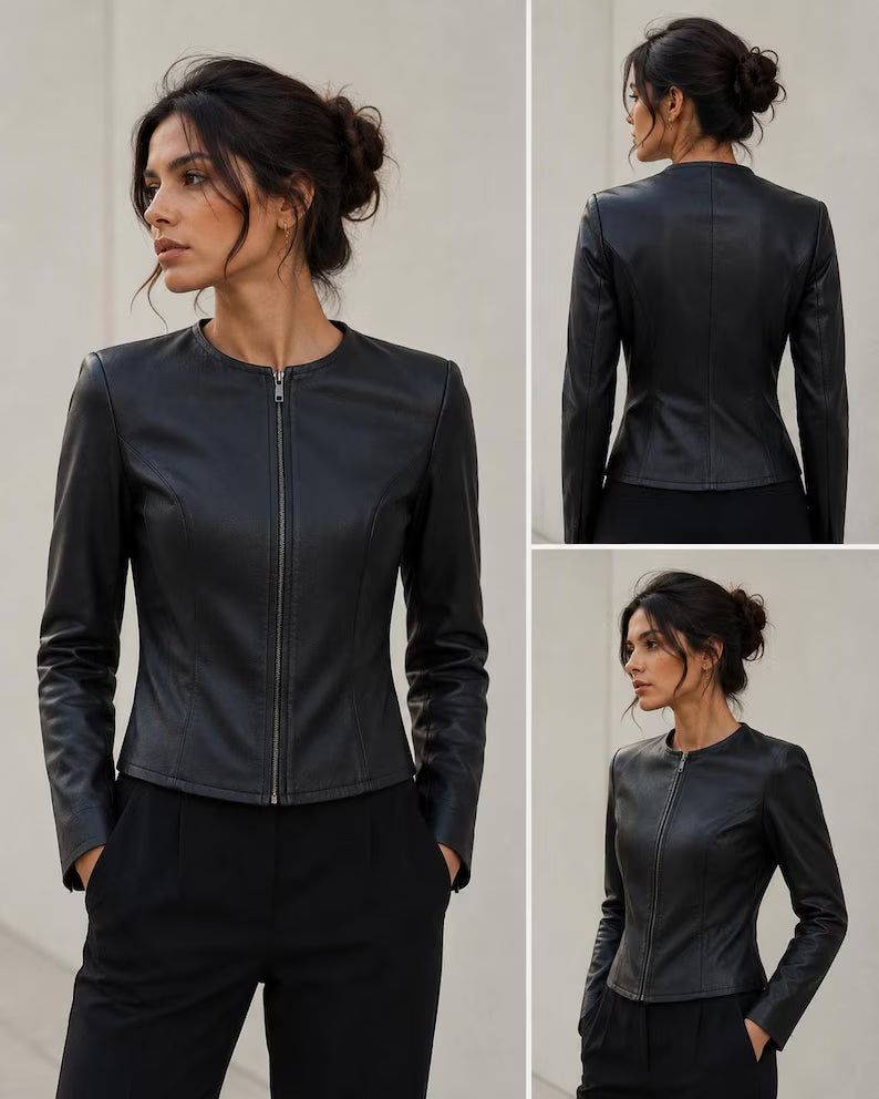 Women's Minimalist Crew Neck Faux Leather Jacket