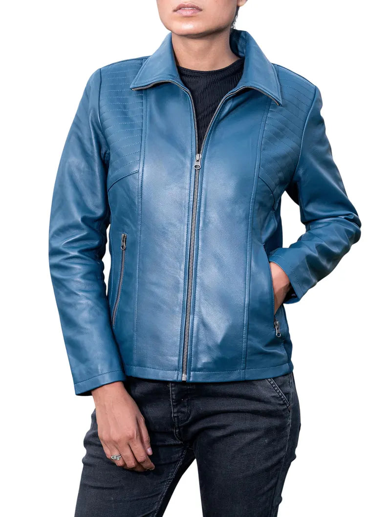 Women's Quilted Accent Genuine Leather Jacket with Side Panels
