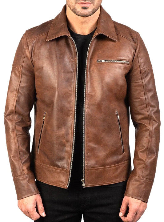 Cafe Racer Men's Leather Jacket Moto Brown Genuine Cow skin Leather