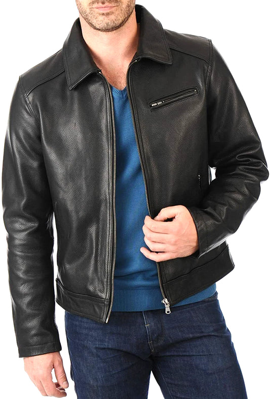 Cafe Racer Men's Leather Jacket Moto Black Genuine Cow skin Leather