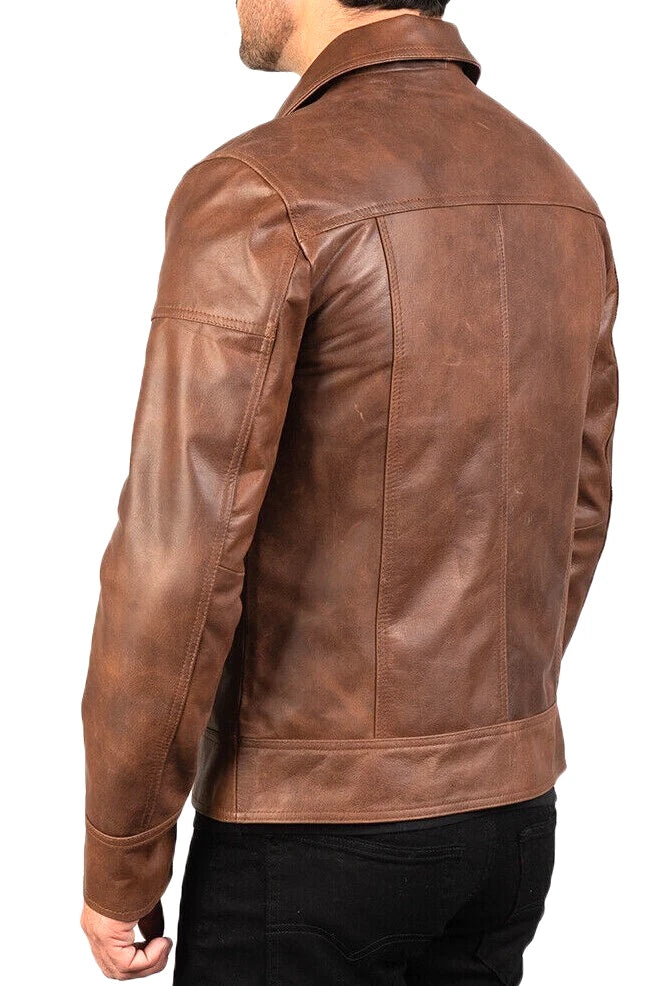 Cafe Racer Men's Leather Jacket Moto Brown Genuine Cow skin Leather
