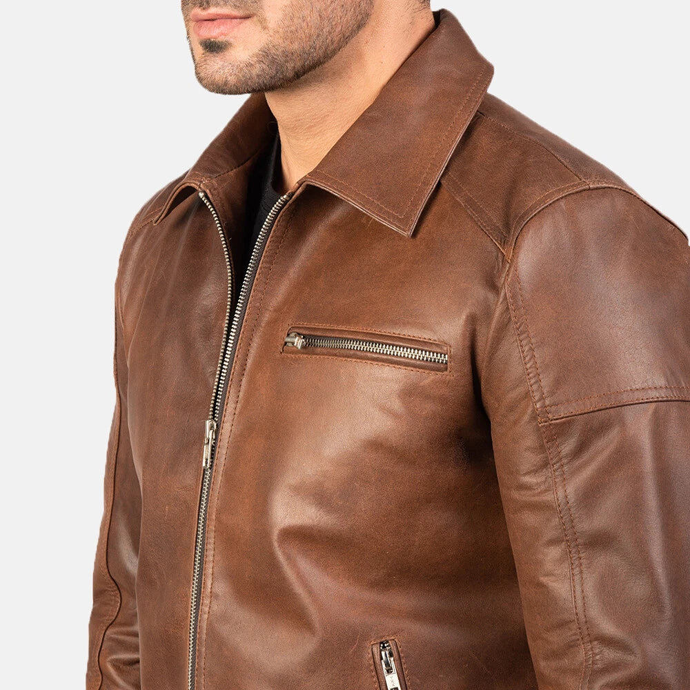 Cafe Racer Men's Leather Jacket Moto Brown Genuine Cow skin Leather