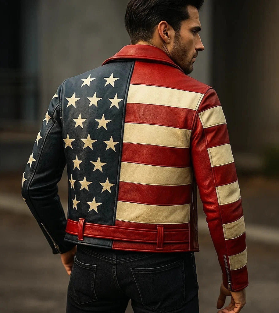 American Flag Leather Biker Jacket for Men – Bold Moto Jacket with Stars & Strip
