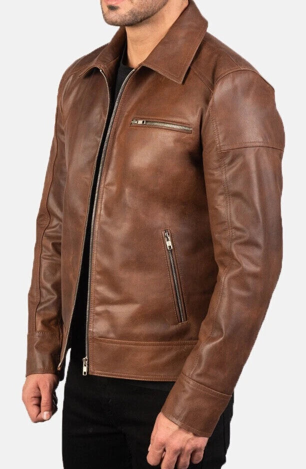 Cafe Racer Men's Leather Jacket Moto Brown Genuine Cow skin Leather