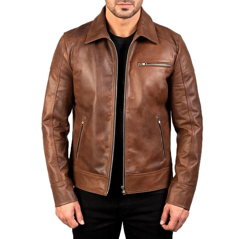 Cafe Racer Men's Leather Jacket Moto Brown Genuine Cow skin Leather