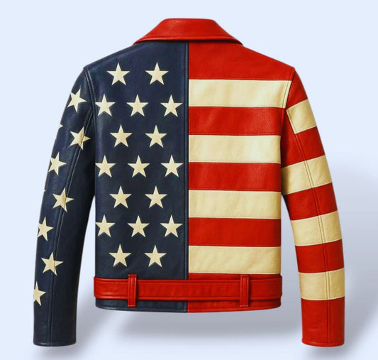 Men's American Flag Genuine Leather Motorcycle Jacket – Patriotic Stars and Stripes USA Biker Leather Jacket