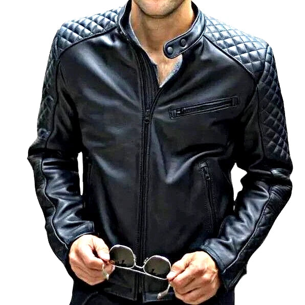 Cafe Racer Style Men's Motorcycle Biker Leather Jacket Cow skin Black Jacket