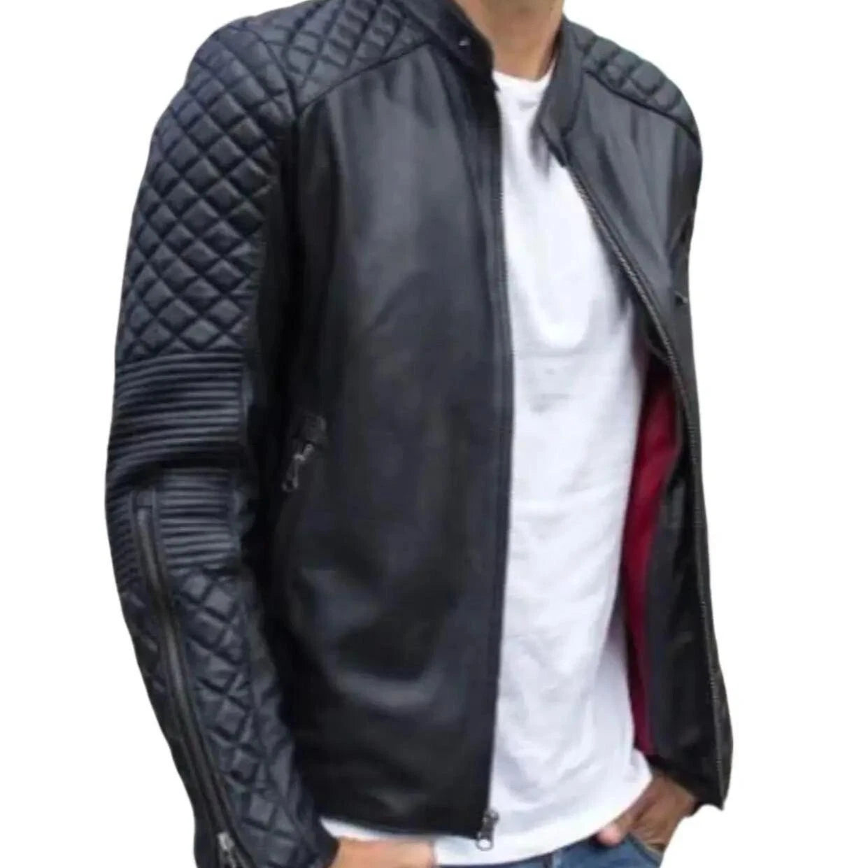 Cafe Racer Style Men's Motorcycle Biker Leather Jacket Cow skin Black Jacket