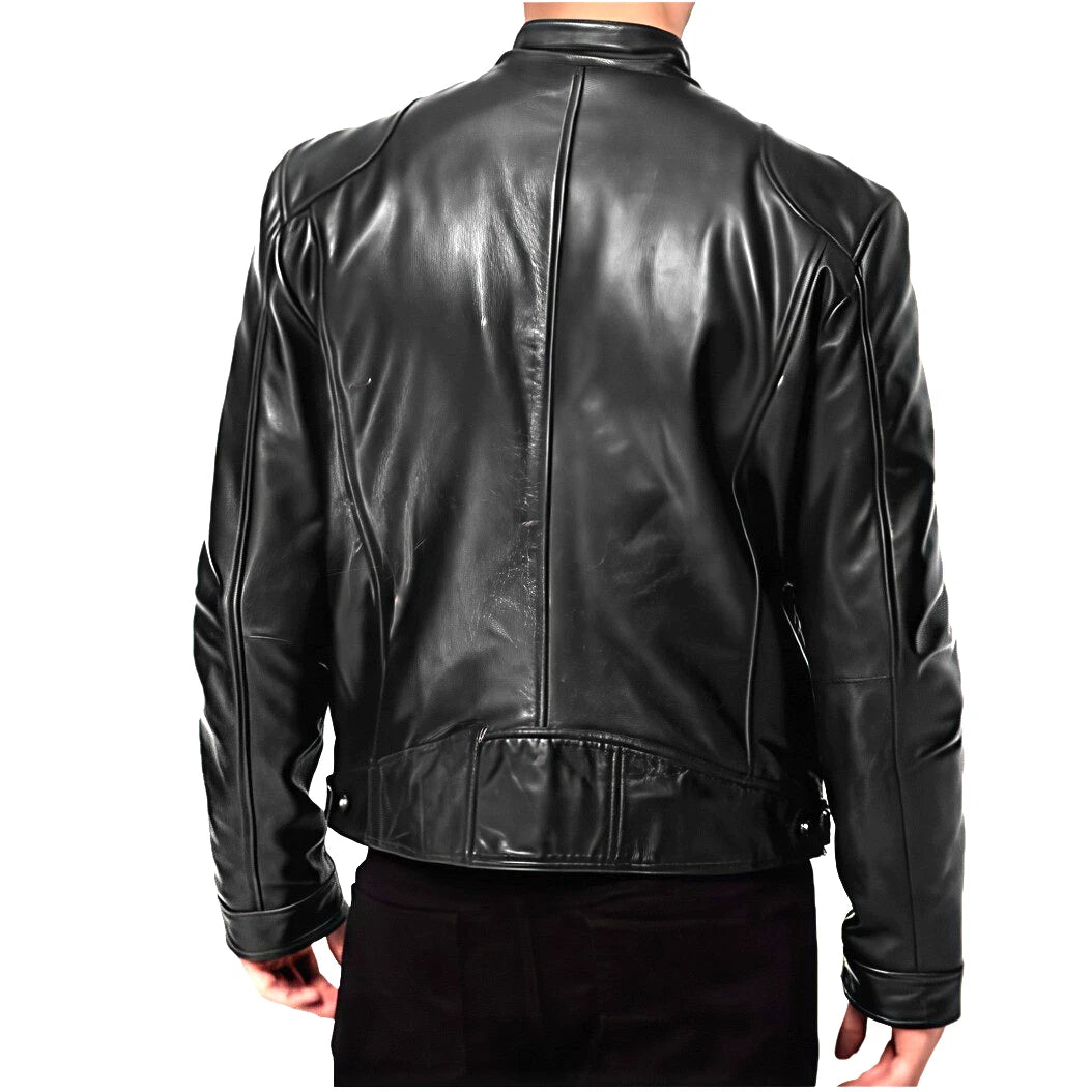 Cafe Racer Men's Leather Jacket Genuine Sheep Skin Motorcycle Biker Black Jacket