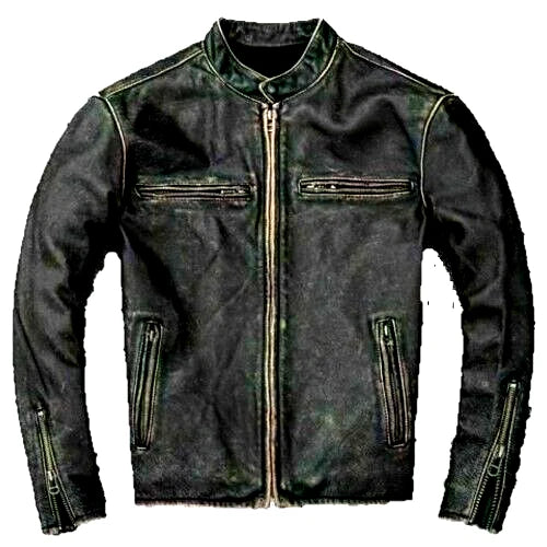 Cafe Racer Mens Genuine Cow Skin Leather Jacket Vintage Biker Black Distressed