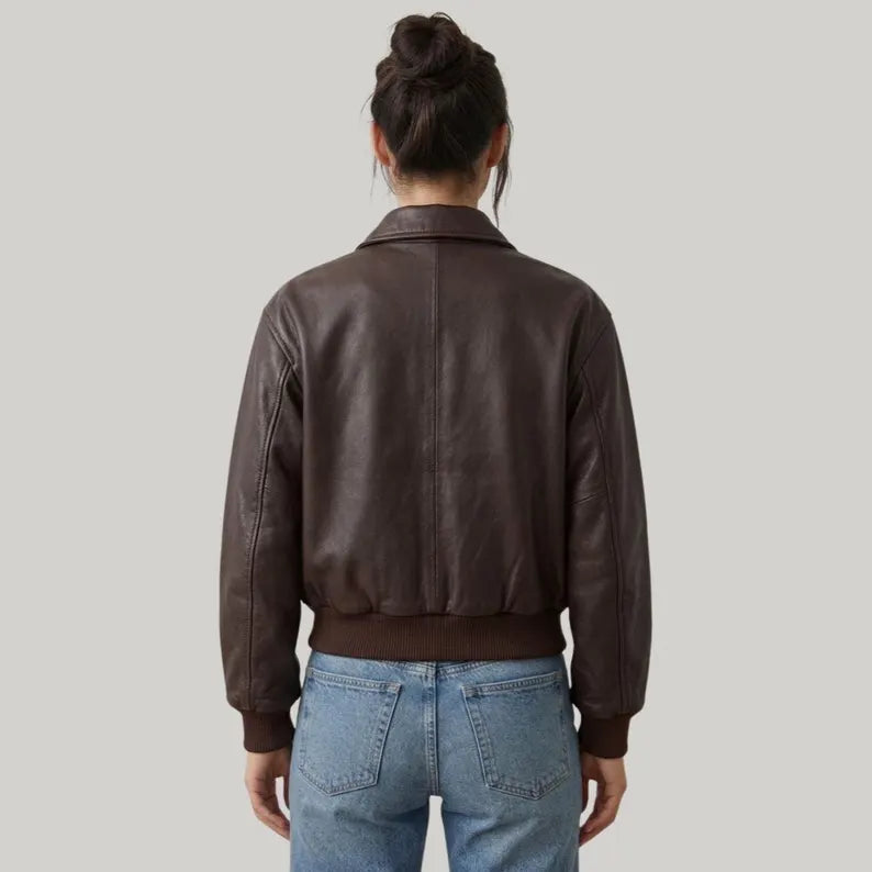 Women's Classic Leather Bomber Jacket with Ribbed Trim and Point Collar