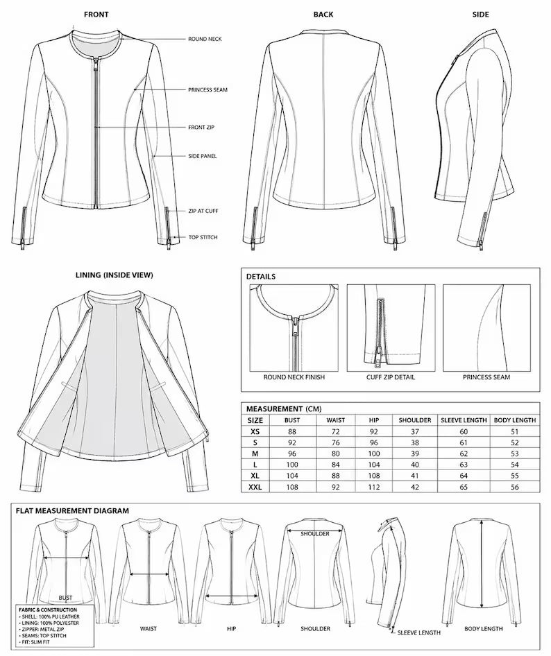 Women's Minimalist Crew Neck Faux Leather Jacket