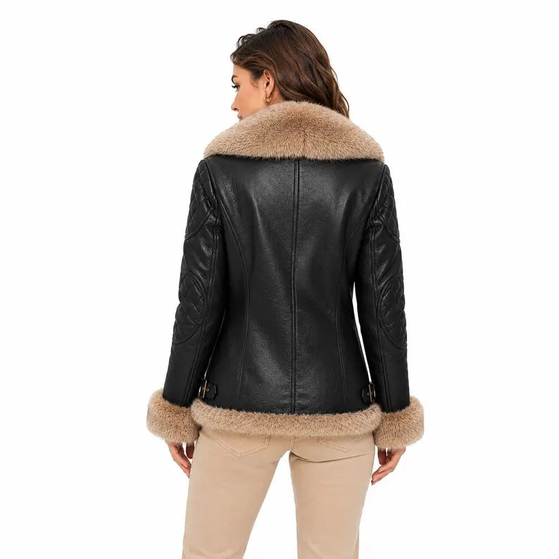 Women's Faux Leather Shearling Jacket with Faux Fur Trim & Quilted Details