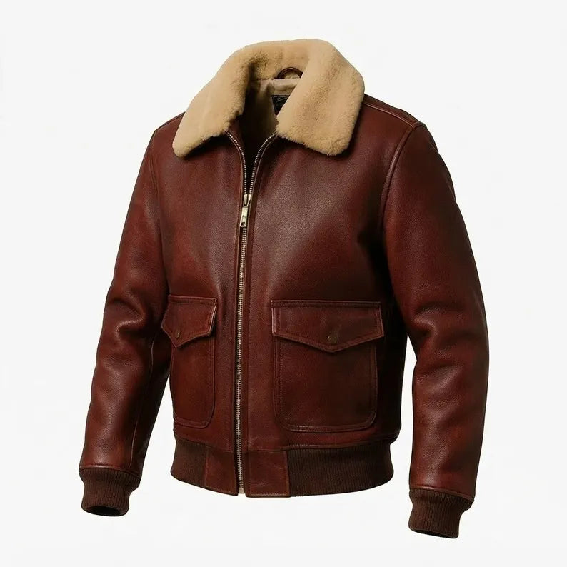 Men's Classic Brown Leather Flight Bomber Jacket with Shearling Collar