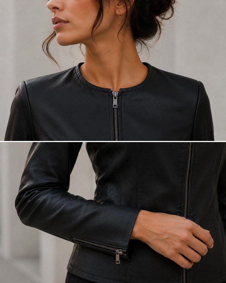 Women's Minimalist Crew Neck Faux Leather Jacket