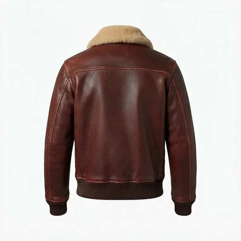 Men's Classic Brown Leather Flight Bomber Jacket with Shearling Collar