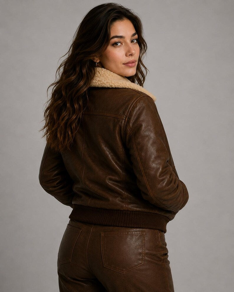 Title Women's Classic Brown Leather Flight Bomber Jacket with Faux Shearling Collar