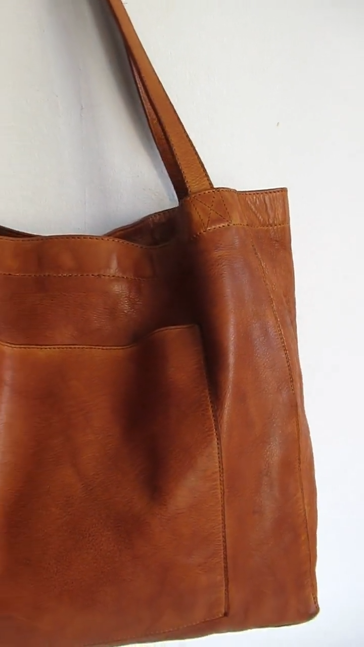 Cognac leather shopper, laptop tote bag, large market bag