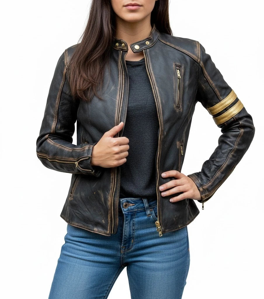 Retro Cafe Racer Leather Jacket Women Black Distressed Motorcycle Biker Jacket for women's