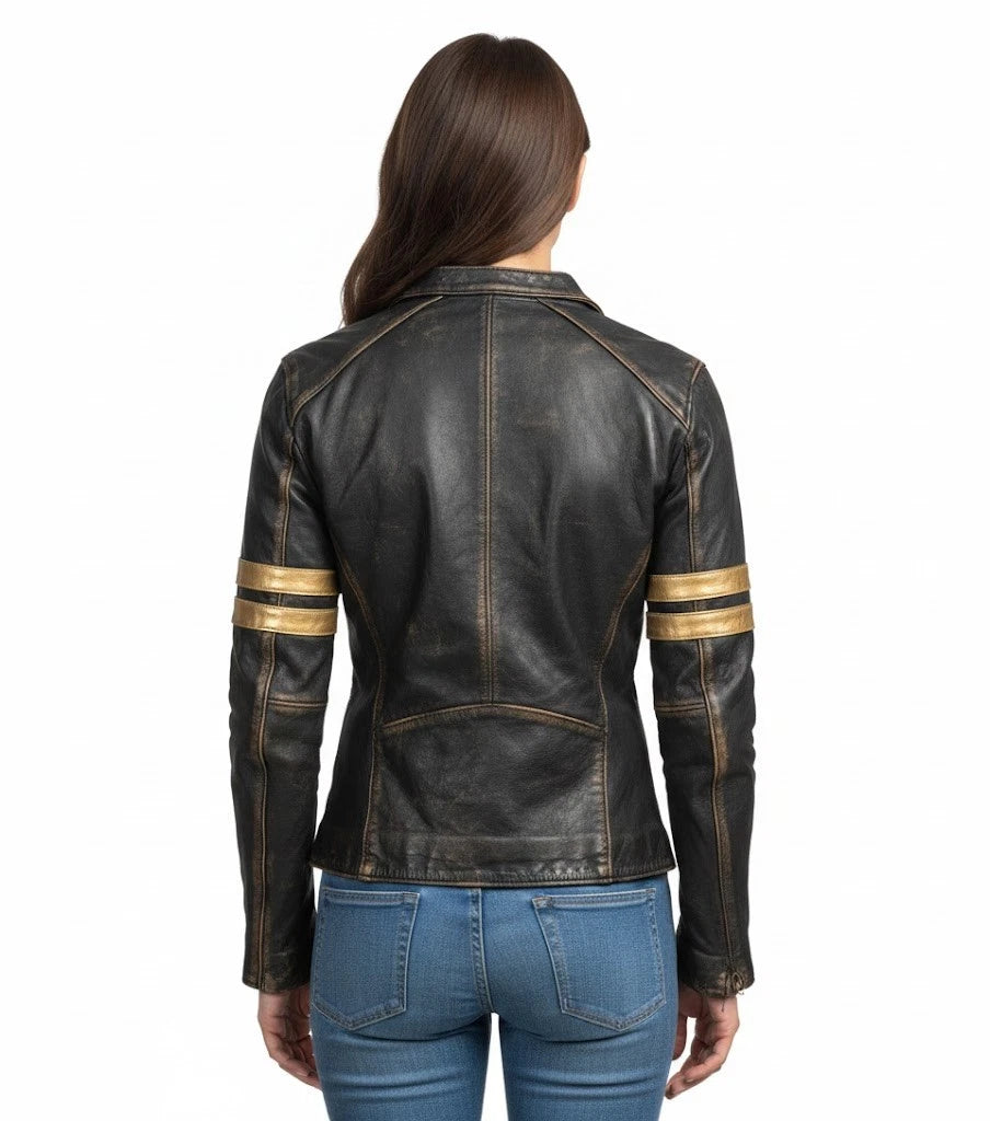Retro Cafe Racer Leather Jacket Women Black Distressed Motorcycle Biker Jacket for women's