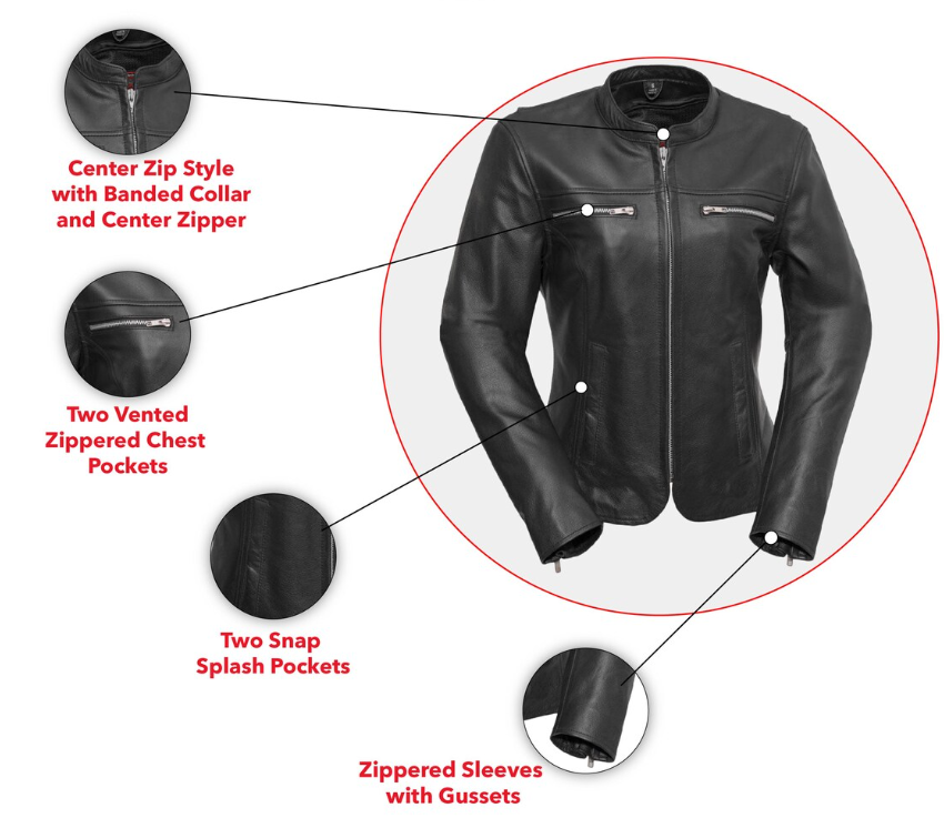 Women's Classic Black Leather Motorcycle Jacket with Vented Chest Pockets and Action Back