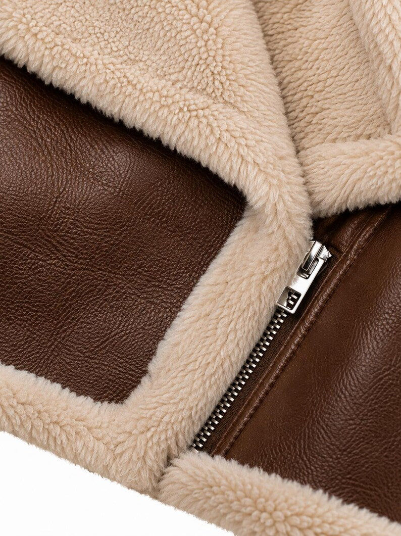 Women's Cropped Faux Shearling-Trimmed Faux Leather Aviator Jacket