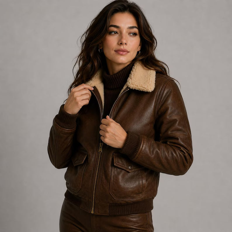 Title Women's Classic Brown Leather Flight Bomber Jacket with Faux Shearling Collar