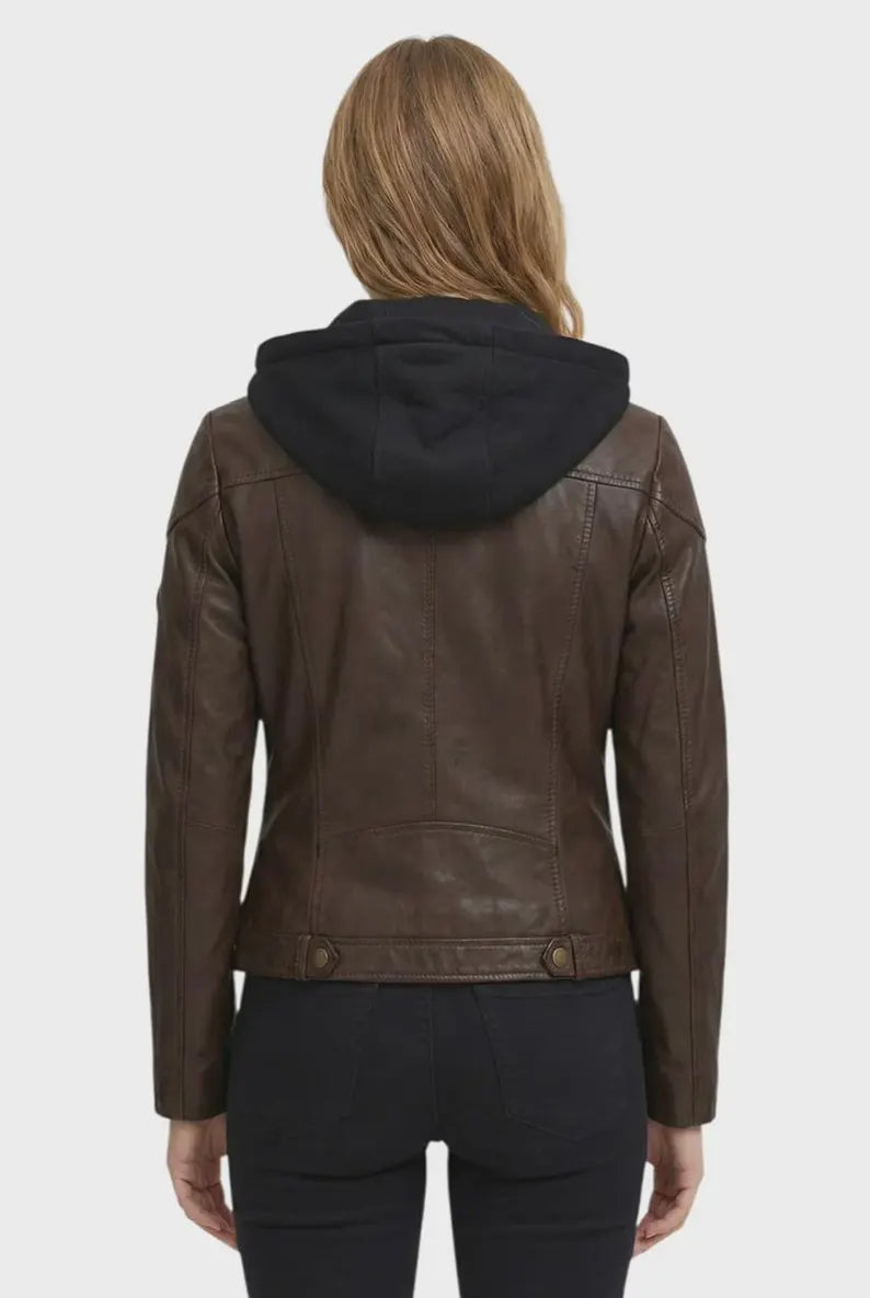 Women's Casual Brown Faux Leather Jacket with Removable Black Hood and Zip Pockets