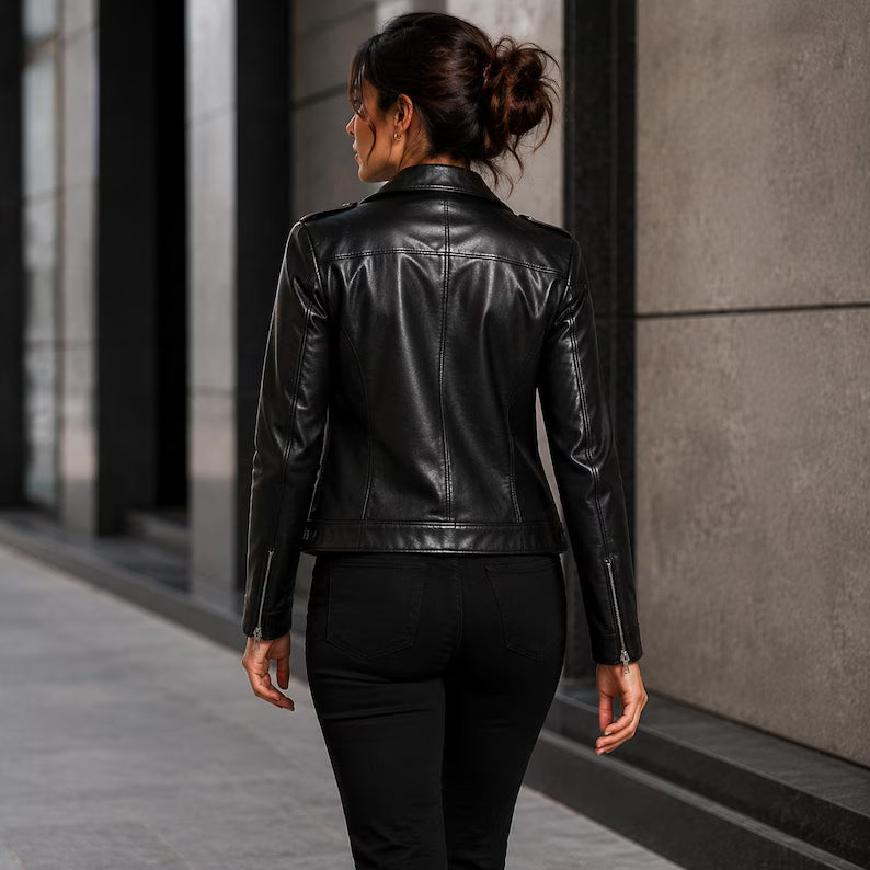 Women's Classic Black Faux Leather Moto Jacket