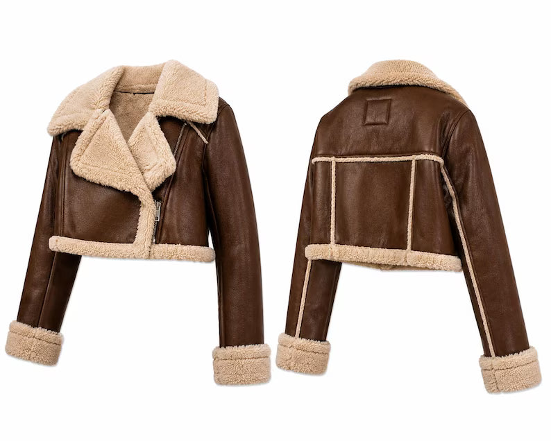 Women's Cropped Faux Shearling-Trimmed Faux Leather Aviator Jacket